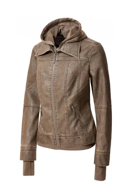 Women's Hood PU Leather Jacket - Image #2