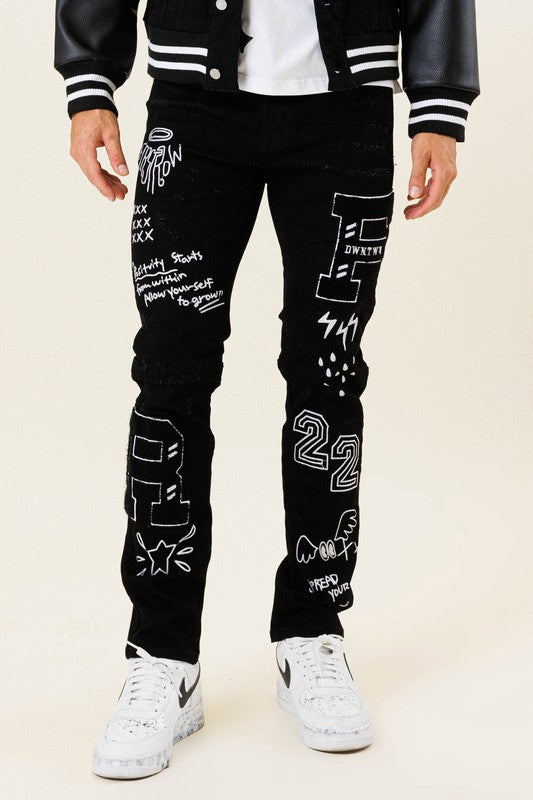 Multi Patch Slim Fit Black Denim Pants - Panther®