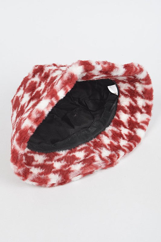 Houndstooth Print Faux Fur Bucket Hat