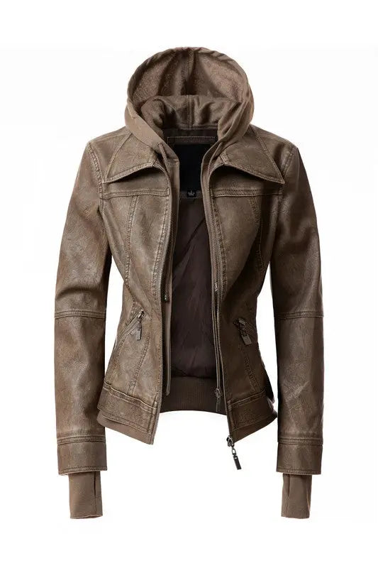 Women's Hood PU Leather Jacket - Image #1