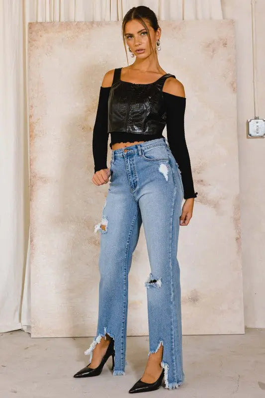 HIGH RISE DISTRESSED WIDE JEANS - Panther®