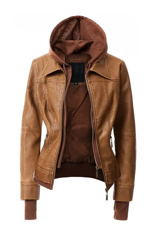 Women's Hood PU Leather Jacket - Image #13