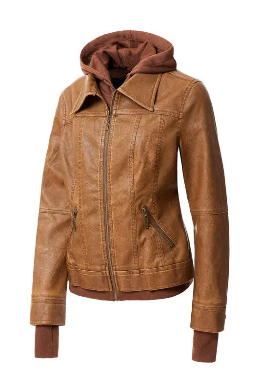 Women's Hood PU Leather Jacket - Image #12