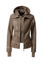 Women's Hood PU Leather Jacket - Image #3