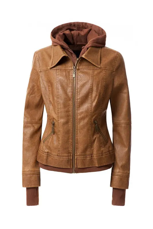 Women's Hood PU Leather Jacket - Image #11