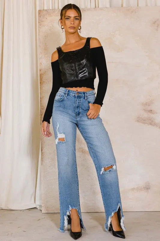 HIGH RISE DISTRESSED WIDE JEANS - Panther®