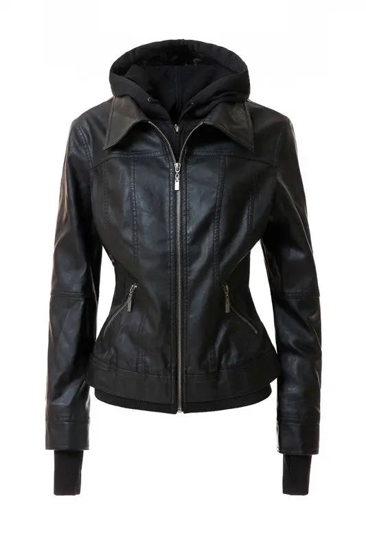 Women's Hood PU Leather Jacket - Image #8